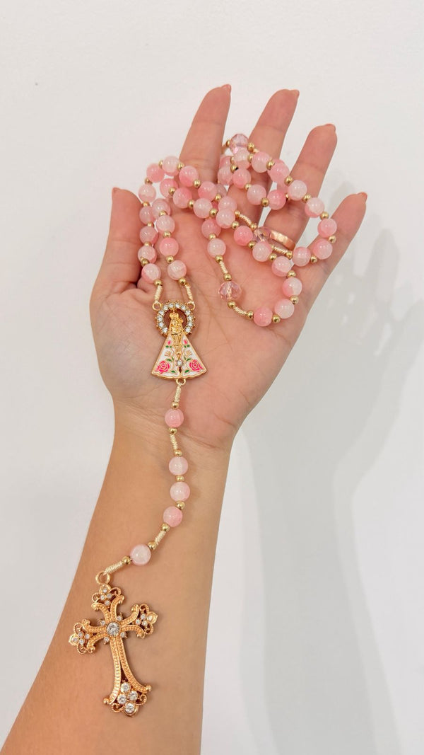Terço Devocional Nossa Senhora de Nazaré - Contas Rosa e Detalhes Cravejados